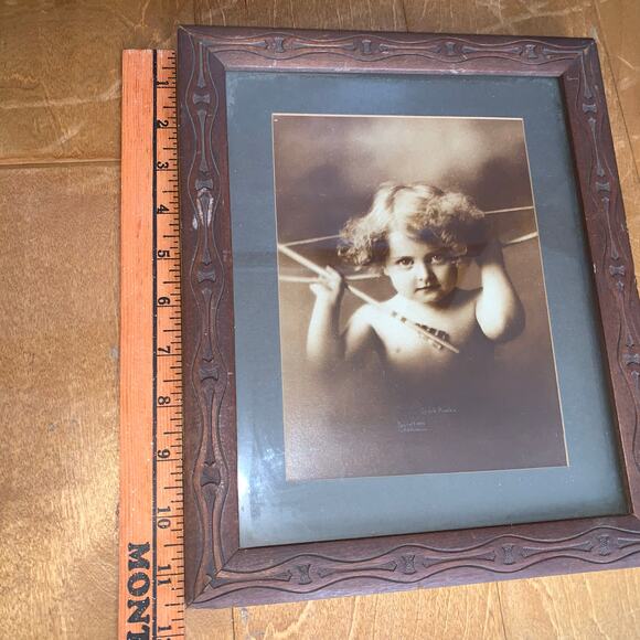 Antique Cupid Awake 1897 Black & White Print M. B. Parkinson carved wood frame - Picture 13 of 13